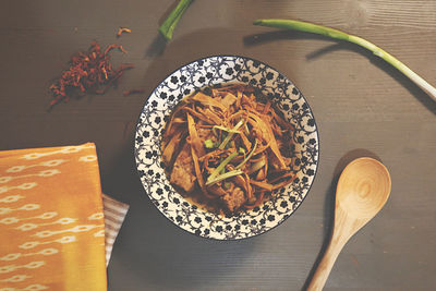 High angle view of food in bowl on table