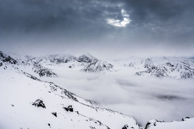 Scenic view of snow covered mountains against sky