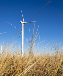 Wind turbines in field against blue sky