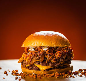 Close-up of burger on table