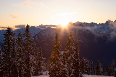 Scenic view of snowcapped mountains against sky during sunset