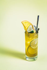 Close-up of drink against white background