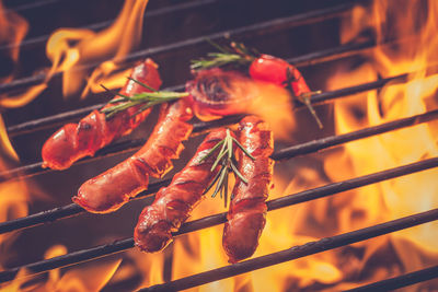 Close-up of meat on barbecue grill