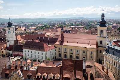 High angle shot of townscape against sky