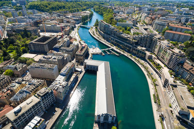 High angle view of buildings in city