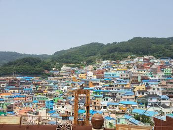 High angle view of townscape against clear sky