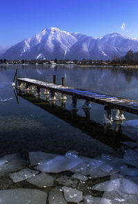Scenic view of frozen lake by snowcapped mountains against sky