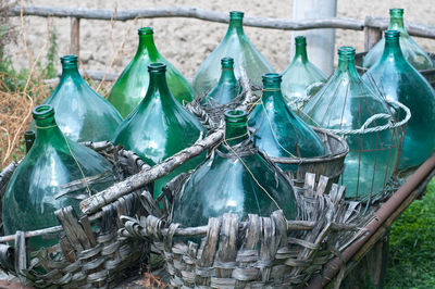 Panoramic shot of empty bottles
