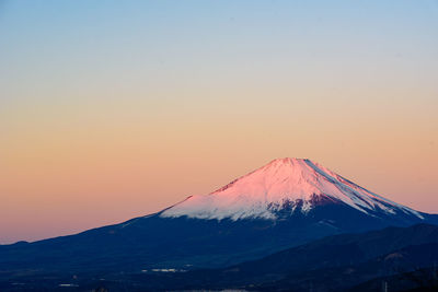 Scenic view of snowcapped mountains against sky during sunset