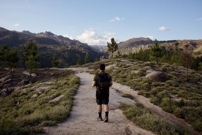 Rear view of man walking on mountain