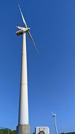 Two white wind generators set against blue sky