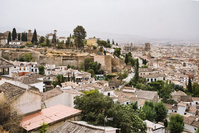 High angle view of townscape against clear sky