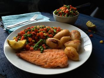 High angle view of meal served on table