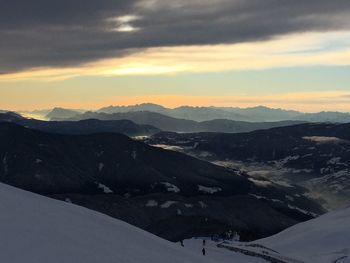 Scenic view of snowcapped mountains against sky during sunset