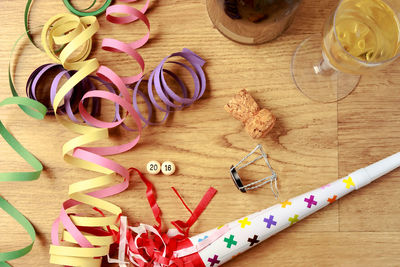 High angle view of multi colored candies on table