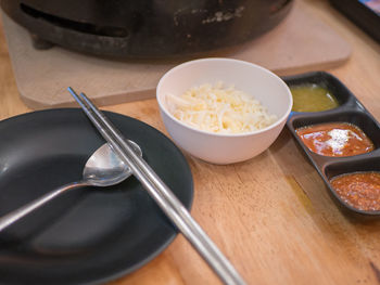 High angle view of breakfast served on table