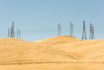 Electricity pylon on landscape against clear sky