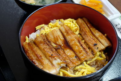 High angle view of food in plate on table