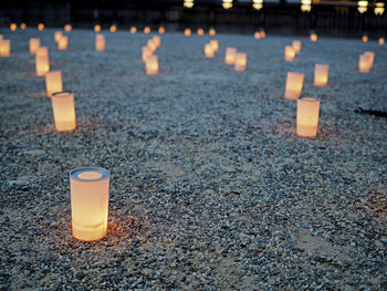 Close-up of lit candles in row