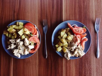 High angle view of salad in bowl on table