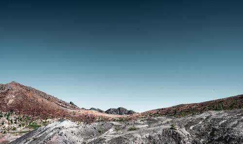 Scenic view of mountains against clear blue sky