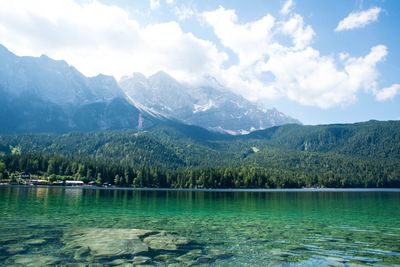 Scenic view of lake and mountains against sky