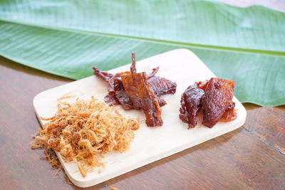 High angle view of food in plate on table