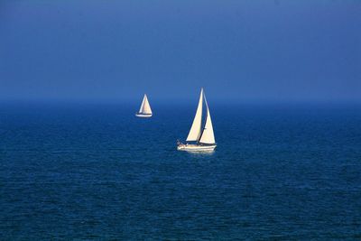 Sailboats in sea against sky