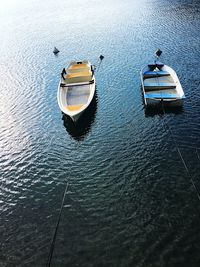High angle view of boat sailing in sea
