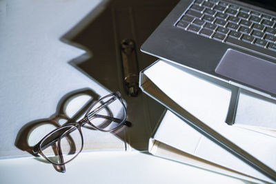 High angle view of objects on table