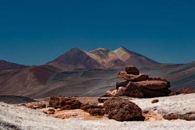 Scenic view of desert against blue sky in chile