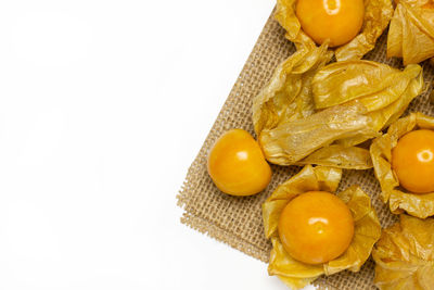 High angle view of orange fruit against white background