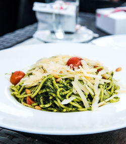 Close-up of spaghetti served in plate