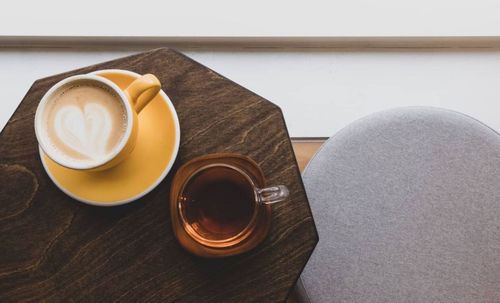 High angle view of coffee on table