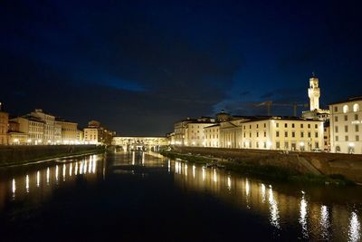 Reflection of buildings in river at night