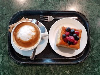 High angle view of breakfast on table