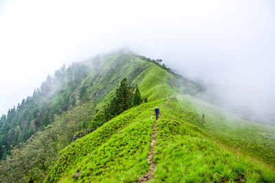 Scenic view of landscape with man walking on mountain against sky