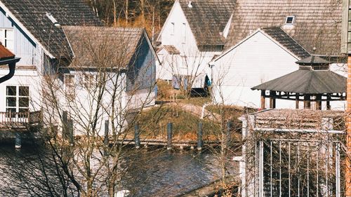 Houses and trees by building during winter