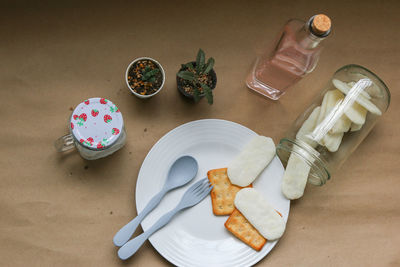 High angle view of breakfast in plate on table