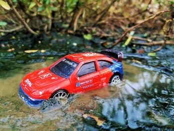 Red toy car in lake