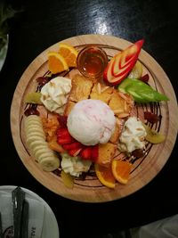 High angle view of dessert on table