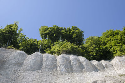 Low angle view of rocks against clear blue sky