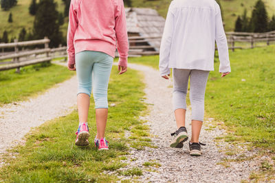 Rear view of women walking on grassland