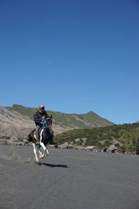 Man riding horse cart on mountain against blue sky