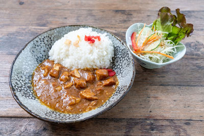 High angle view of food in plate on table