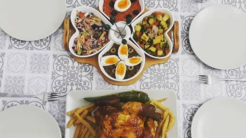 High angle view of food served on table