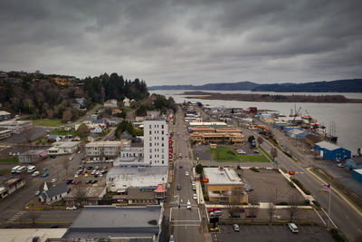 Aerial photo of coos bay, oregon with dramatic sky
