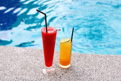 Close-up of drinks at swimming pool