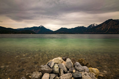 Scenic view of lake against cloudy sky