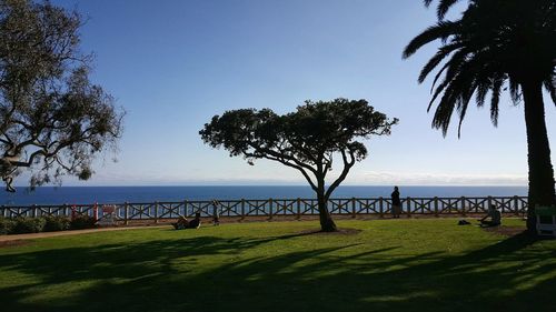 Scenic view of sea against clear blue sky